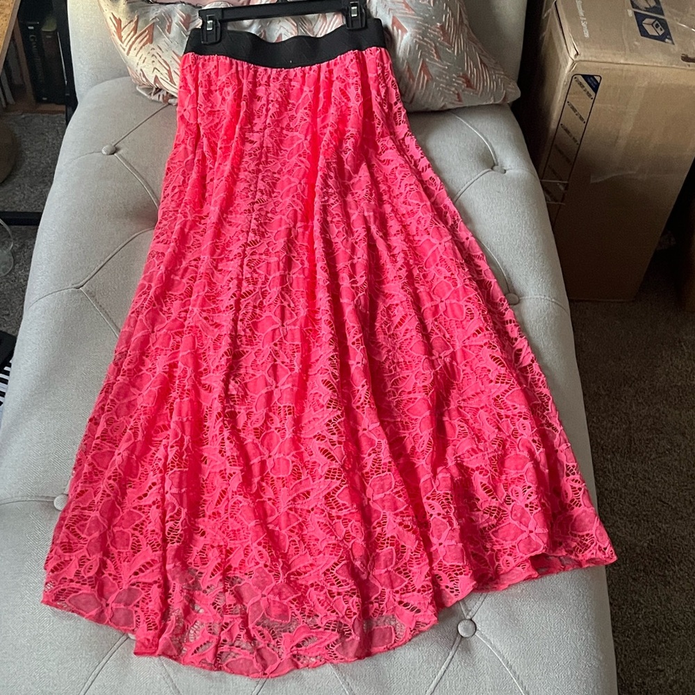 LuLaRoe Lucy bright pink bohemian Lace Maxi Skirt with elastic waist NWOT